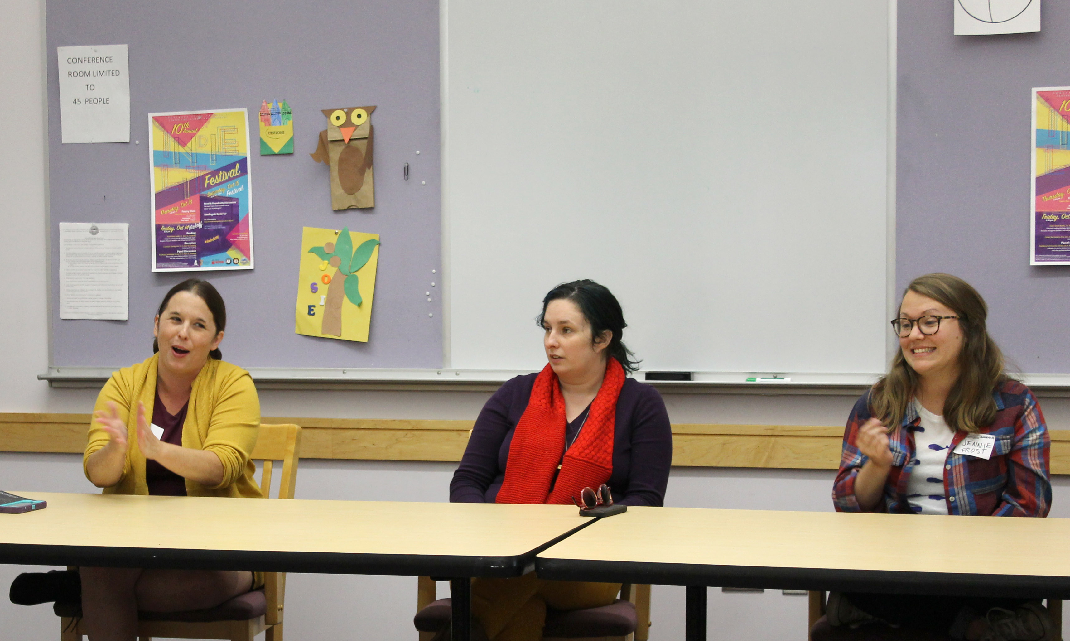 Representatives of Sundress Publications, from left, founder Dr. Erin Elizabeth Smith, "Stirring" managing editor Luci Brown and writer-in-residence Jennie Frost, lead an author-publisher panel discussion at the FSU Independent Literature Festival.