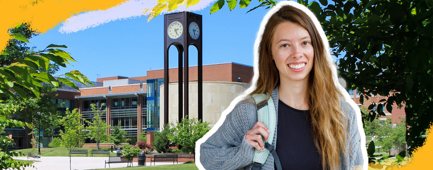 Student outside at the clock tower