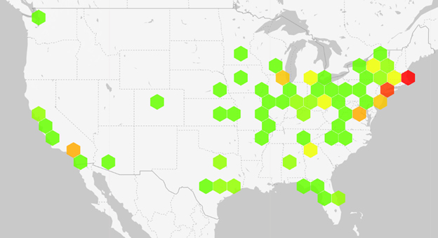 Map showing college cricket activity over US.