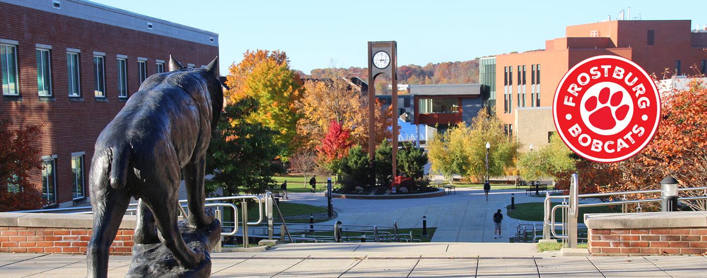 Bobcat statue overlooking the clock tower quad
