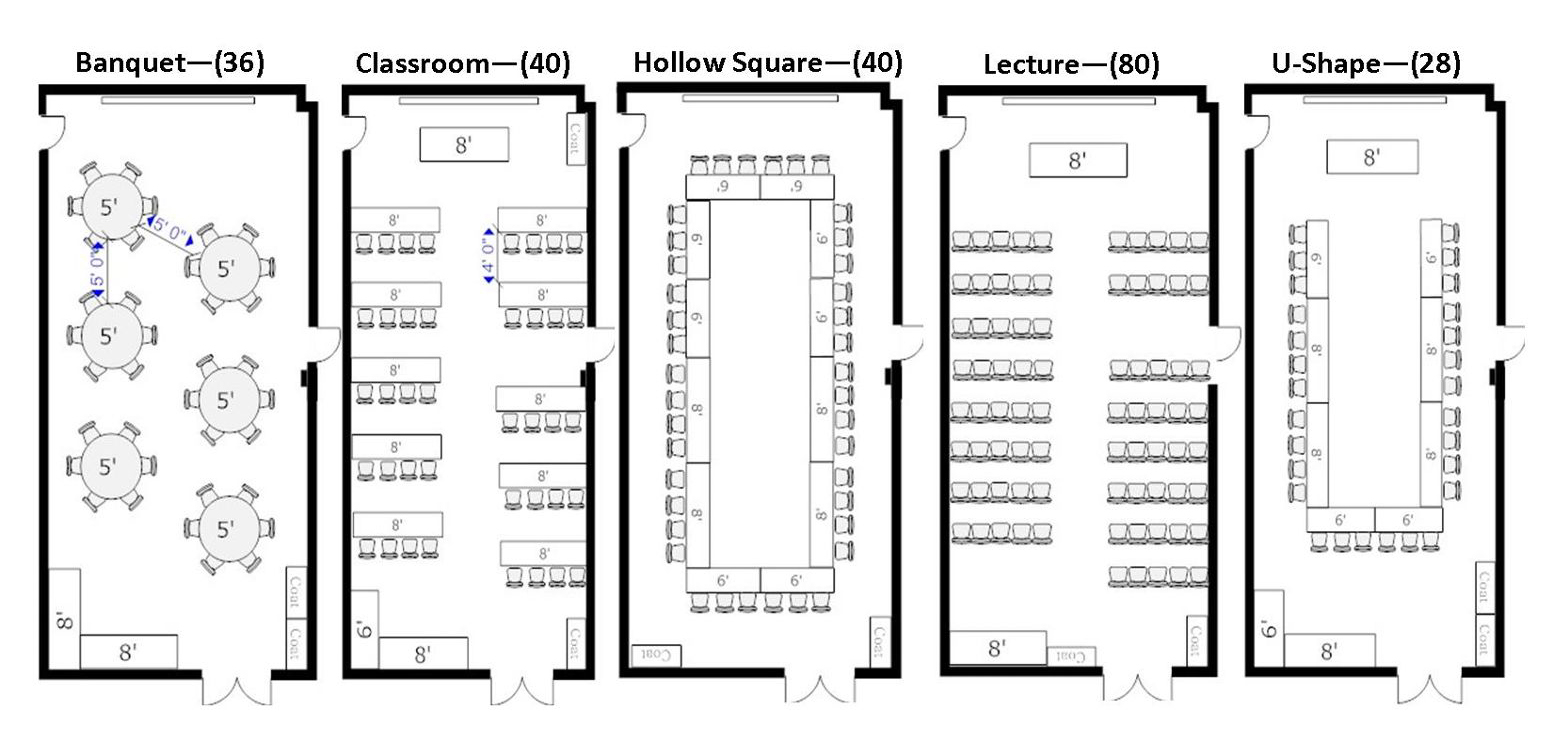 Room 111 set up options for 28 to 80 persons