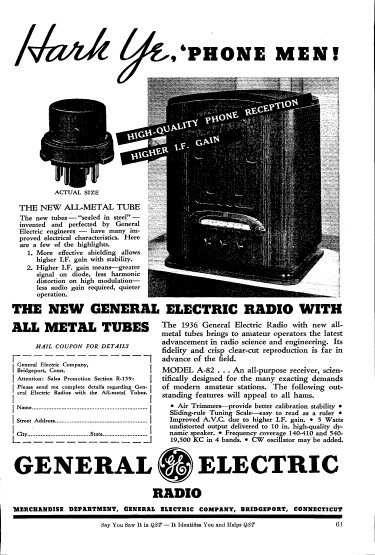 First GE Ad For Radio Using Metal Tubes