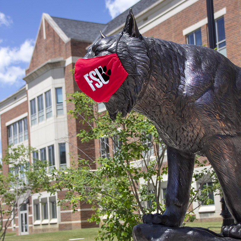 bobcat statue wearing mask