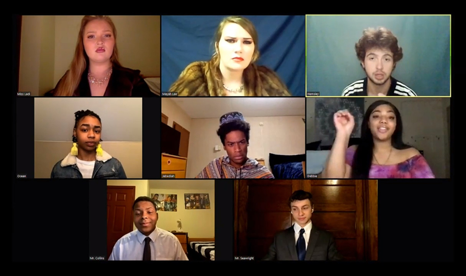 virtual meeting screen with student actors