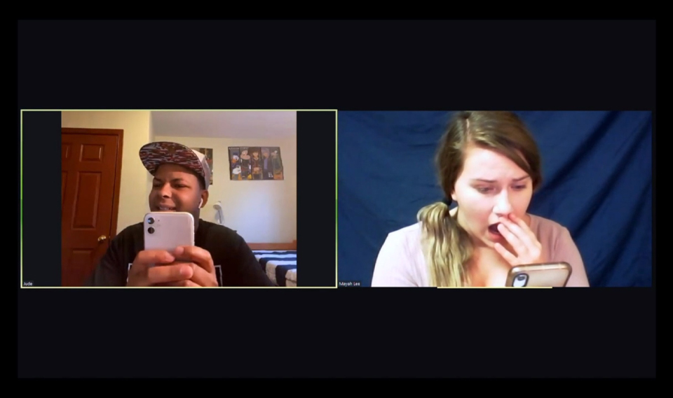 virtual meeting screen with student actors