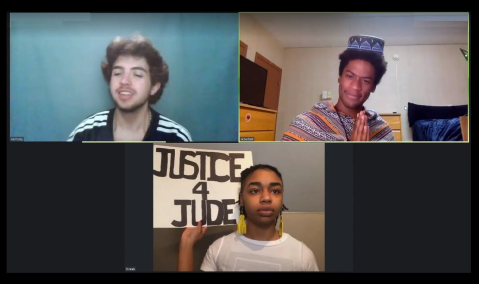 virtual meeting screen with student actors