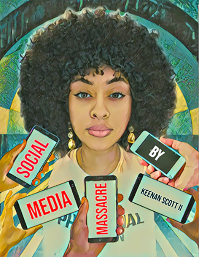 African American woman surrounded by mobile devices; illustration