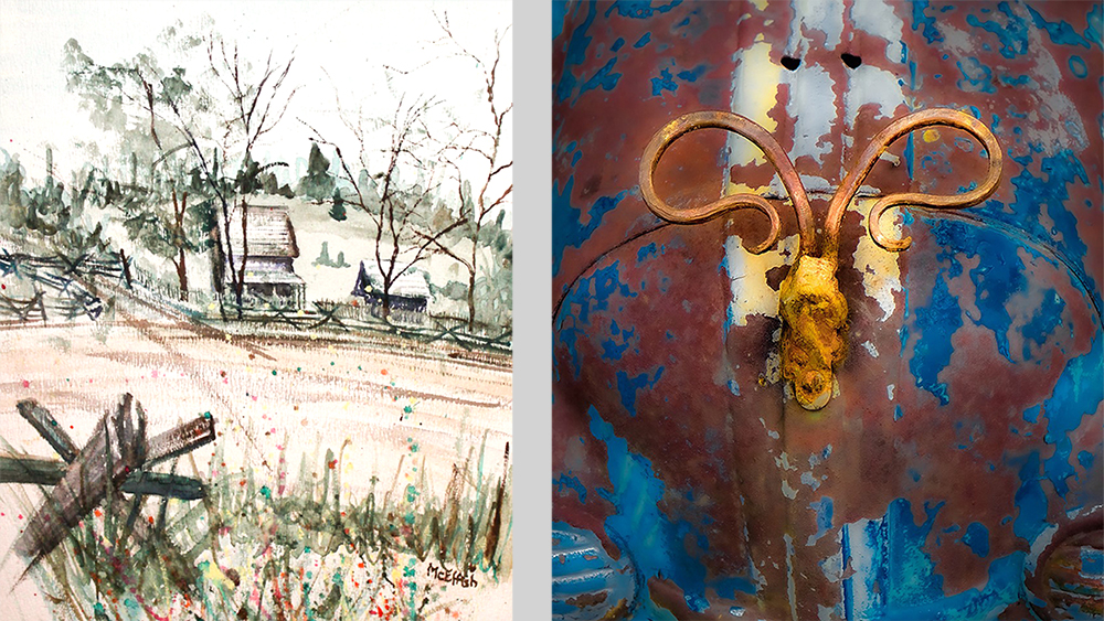 artwork, one watercolor of a farm, one of rusted blue metal with brass handle